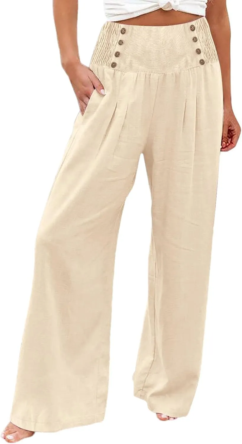 Womens Cotton Linen Summer Loose Palazzo Lounge Pants Elastic Waist Baggy Stretchy Plus Size Trouser Trendy