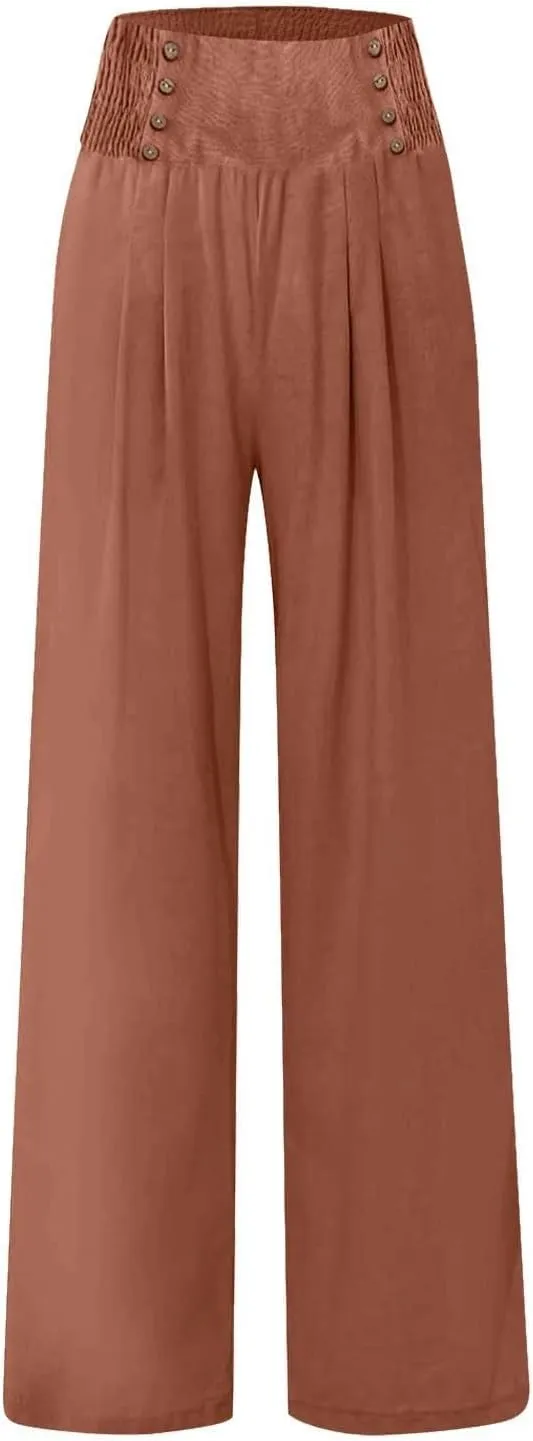 Womens Cotton Linen Summer Loose Palazzo Lounge Pants Elastic Waist Baggy Stretchy Plus Size Trouser Trendy