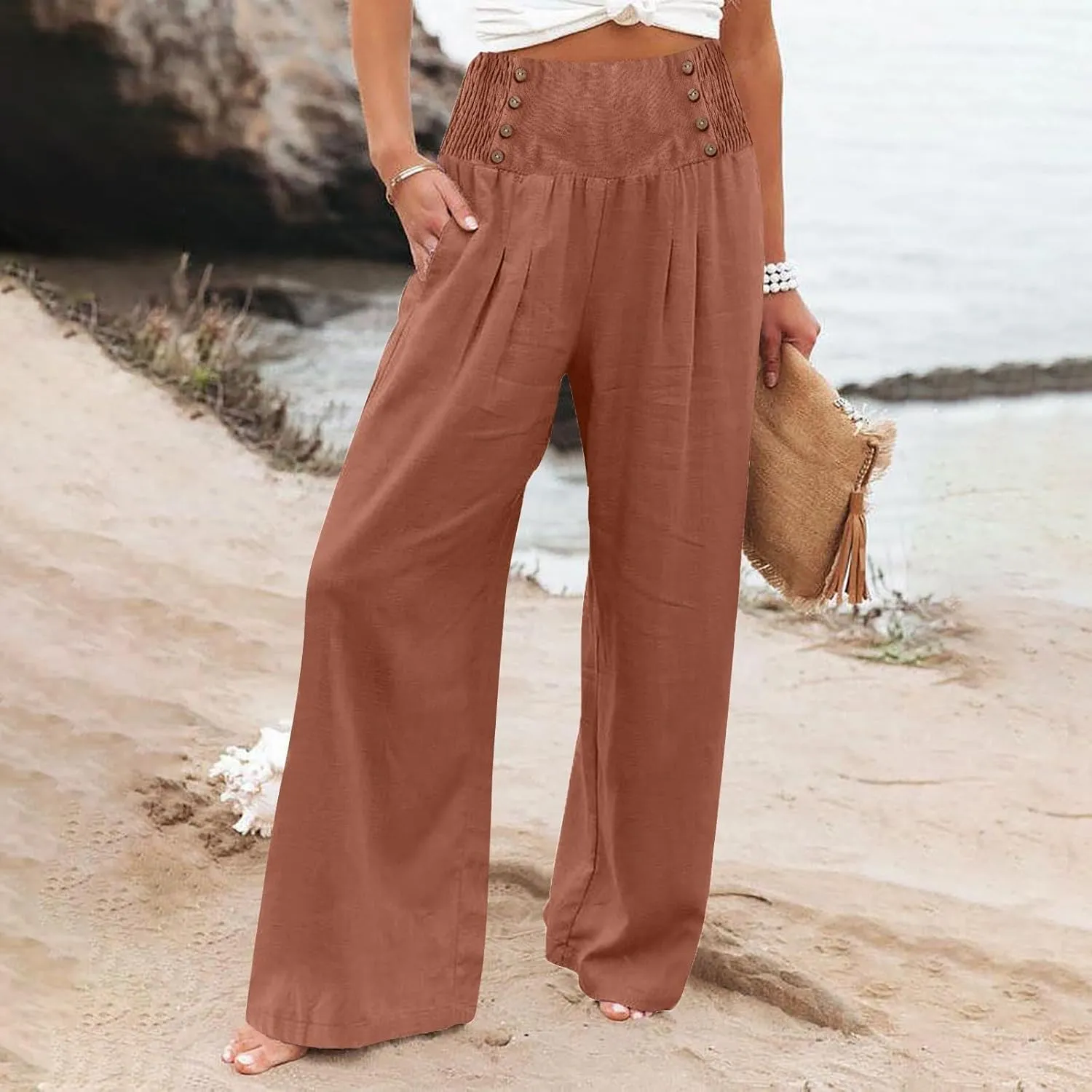 Womens Cotton Linen Summer Loose Palazzo Lounge Pants Elastic Waist Baggy Stretchy Plus Size Trouser Trendy