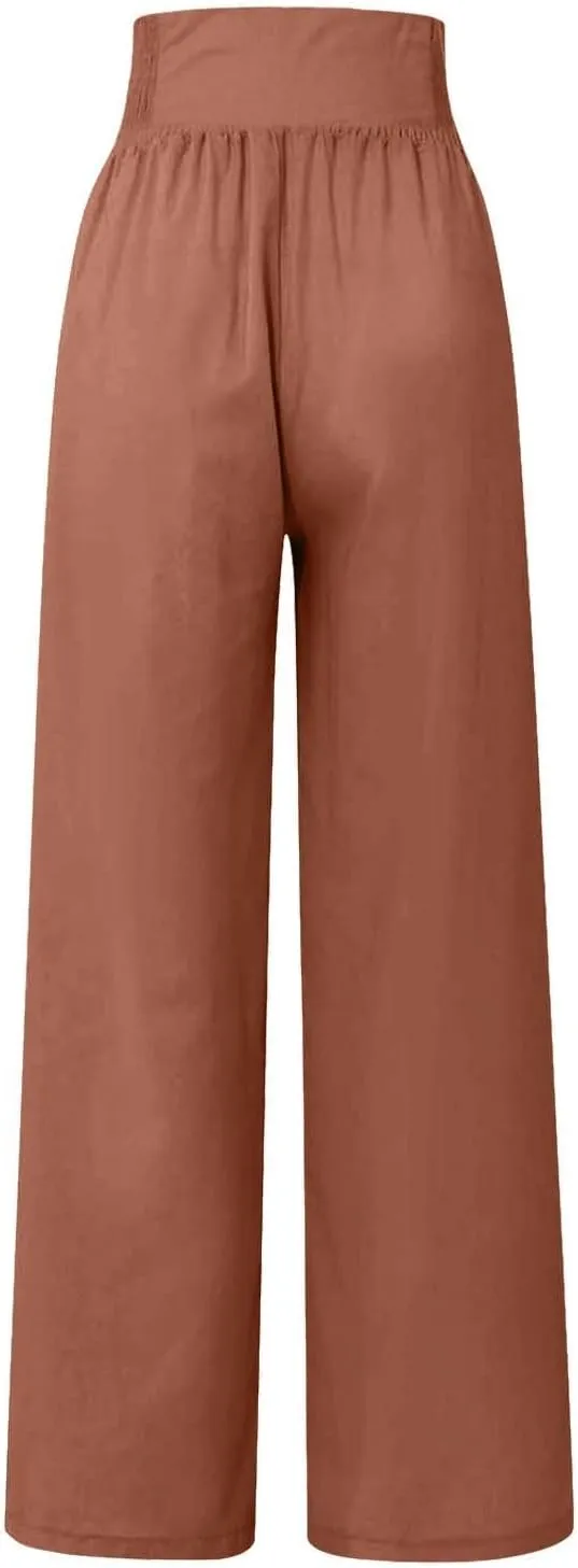 Womens Cotton Linen Summer Loose Palazzo Lounge Pants Elastic Waist Baggy Stretchy Plus Size Trouser Trendy