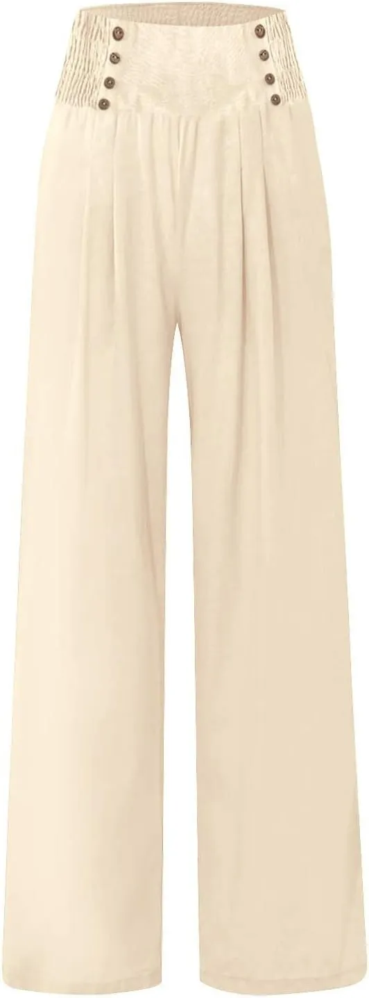 Womens Cotton Linen Summer Loose Palazzo Lounge Pants Elastic Waist Baggy Stretchy Plus Size Trouser Trendy