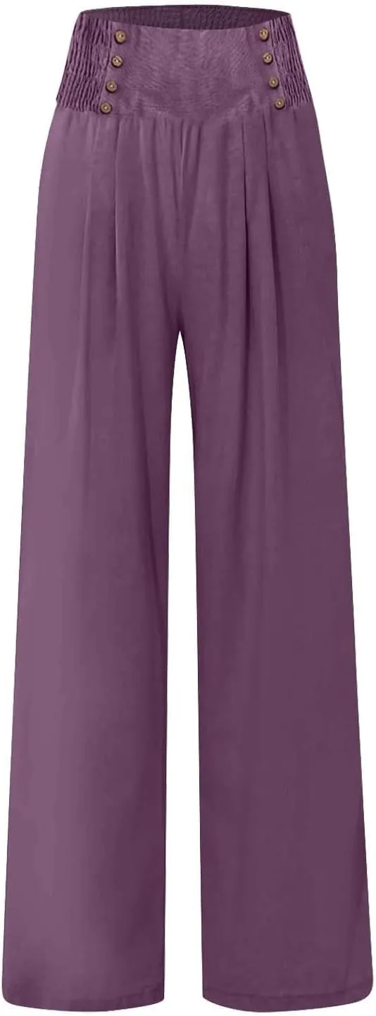 Womens Cotton Linen Summer Loose Palazzo Lounge Pants Elastic Waist Baggy Stretchy Plus Size Trouser Trendy