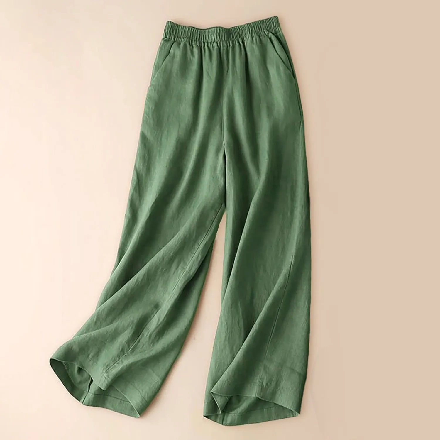 Womens Cotton Linen Summer Loose Palazzo Lounge Pants Elastic Waist Baggy Stretchy Plus Size Trouser Trendy