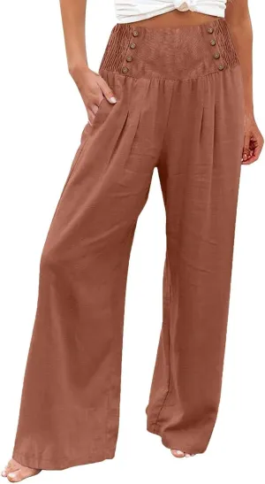 Womens Cotton Linen Summer Loose Palazzo Lounge Pants Elastic Waist Baggy Stretchy Plus Size Trouser Trendy