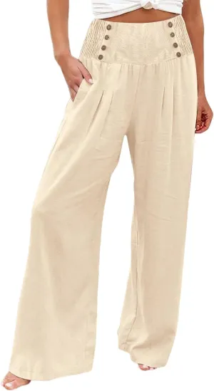 Womens Cotton Linen Summer Loose Palazzo Lounge Pants Elastic Waist Baggy Stretchy Plus Size Trouser Trendy