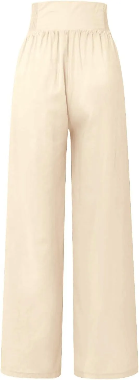 Womens Cotton Linen Summer Loose Palazzo Lounge Pants Elastic Waist Baggy Stretchy Plus Size Trouser Trendy