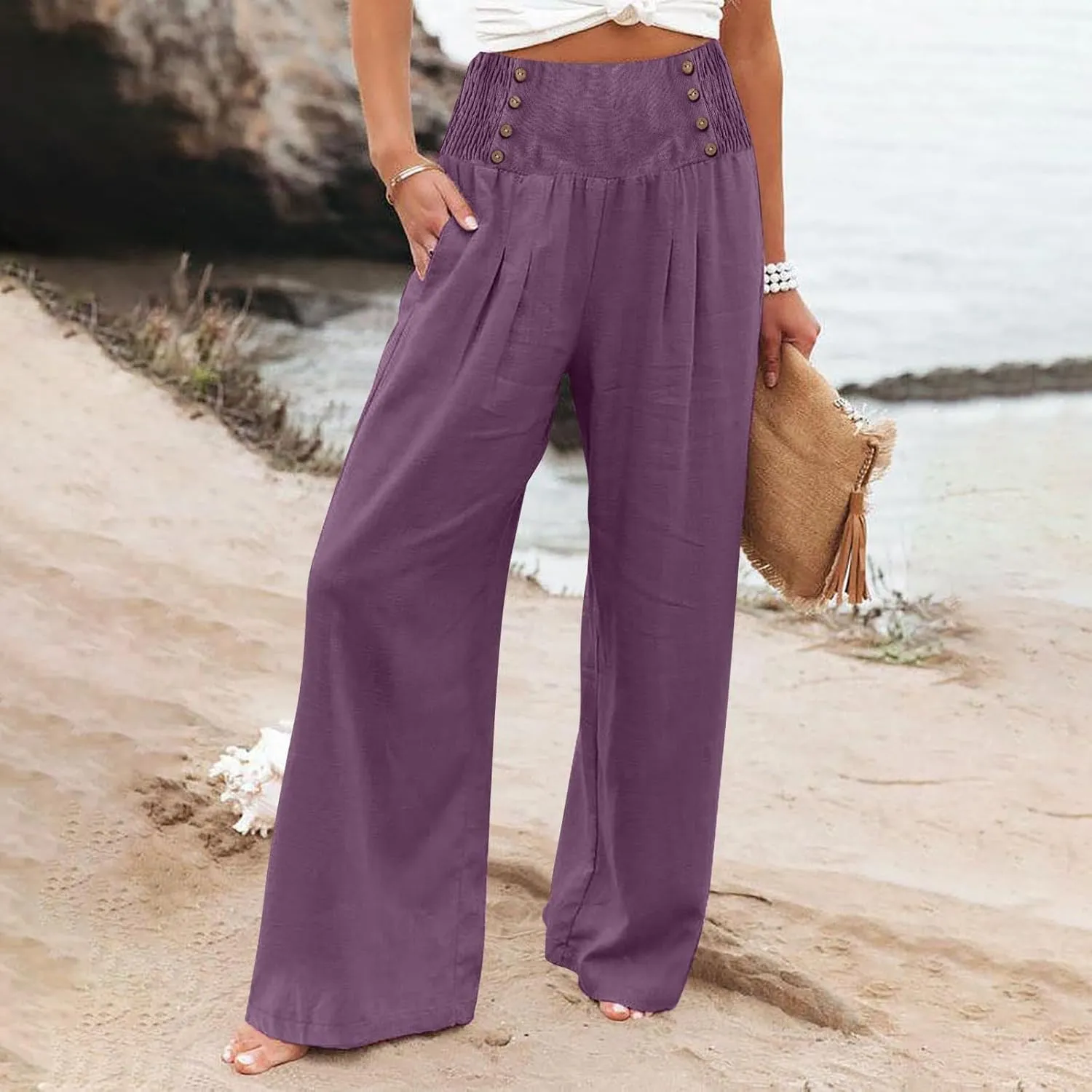 Womens Cotton Linen Summer Loose Palazzo Lounge Pants Elastic Waist Baggy Stretchy Plus Size Trouser Trendy