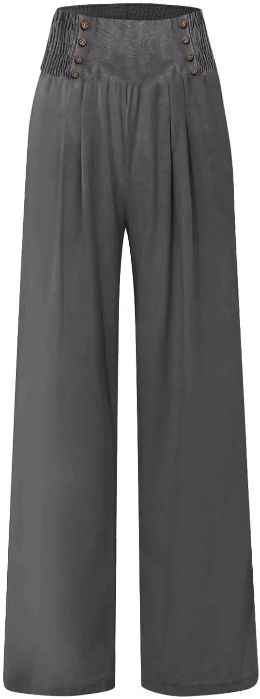 Womens Cotton Linen Summer Loose Palazzo Lounge Pants Elastic Waist Baggy Stretchy Plus Size Trouser Trendy