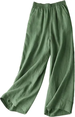 Womens Cotton Linen Summer Loose Palazzo Lounge Pants Elastic Waist Baggy Stretchy Plus Size Trouser Trendy