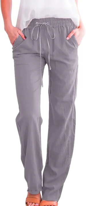 Women's Cotton Linen Summer Pull On Palazzo Pants Elastic Waist Baggy Stretchy Slim Fit Pants Work Business