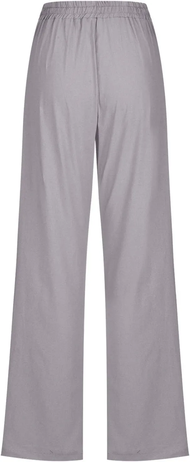 Women's Cotton Linen Summer Pull On Palazzo Pants Elastic Waist Baggy Stretchy Slim Fit Pants Work Business