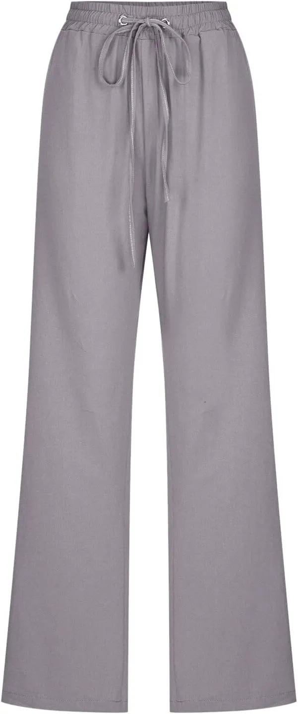 Women's Cotton Linen Summer Pull On Palazzo Pants Elastic Waist Baggy Stretchy Slim Fit Pants Work Business