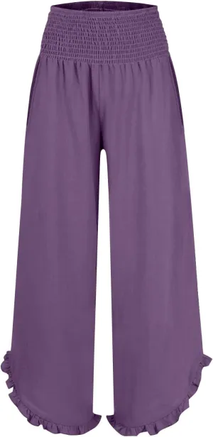 Women's Cotton Linen Wide Leg Pants Comfy Breathble Trousers with Irregular Pants Leg for Outdoor