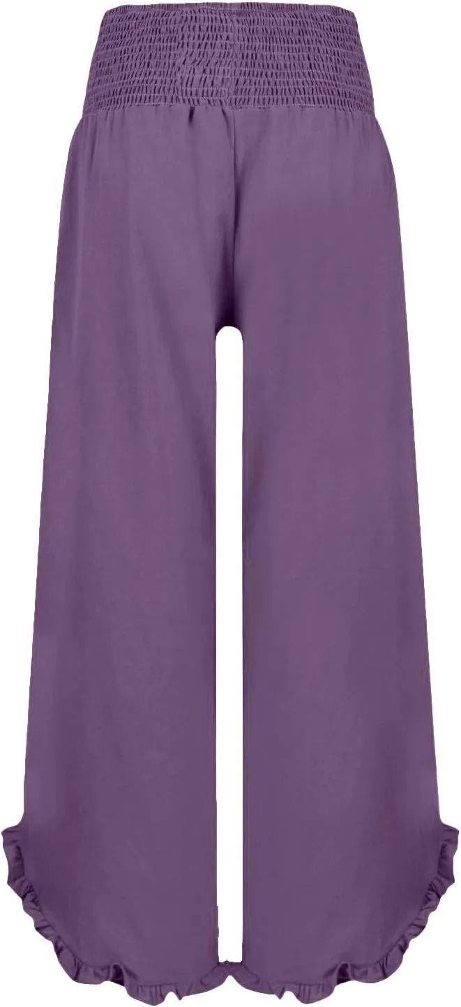 Women's Cotton Linen Wide Leg Pants Comfy Breathble Trousers with Irregular Pants Leg for Outdoor