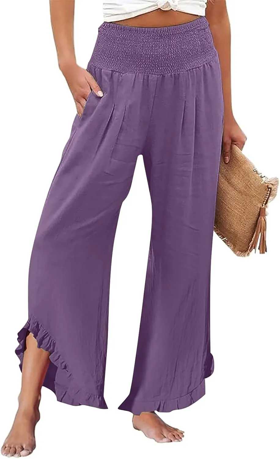 Women's Cotton Linen Wide Leg Pants Comfy Breathble Trousers with Irregular Pants Leg for Outdoor