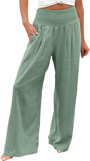 Women's Cotton Linen Wide Leg Pants High Waist Flowy Casual Trousers Palazzo Straight Comfy Pant for Vacation Summer