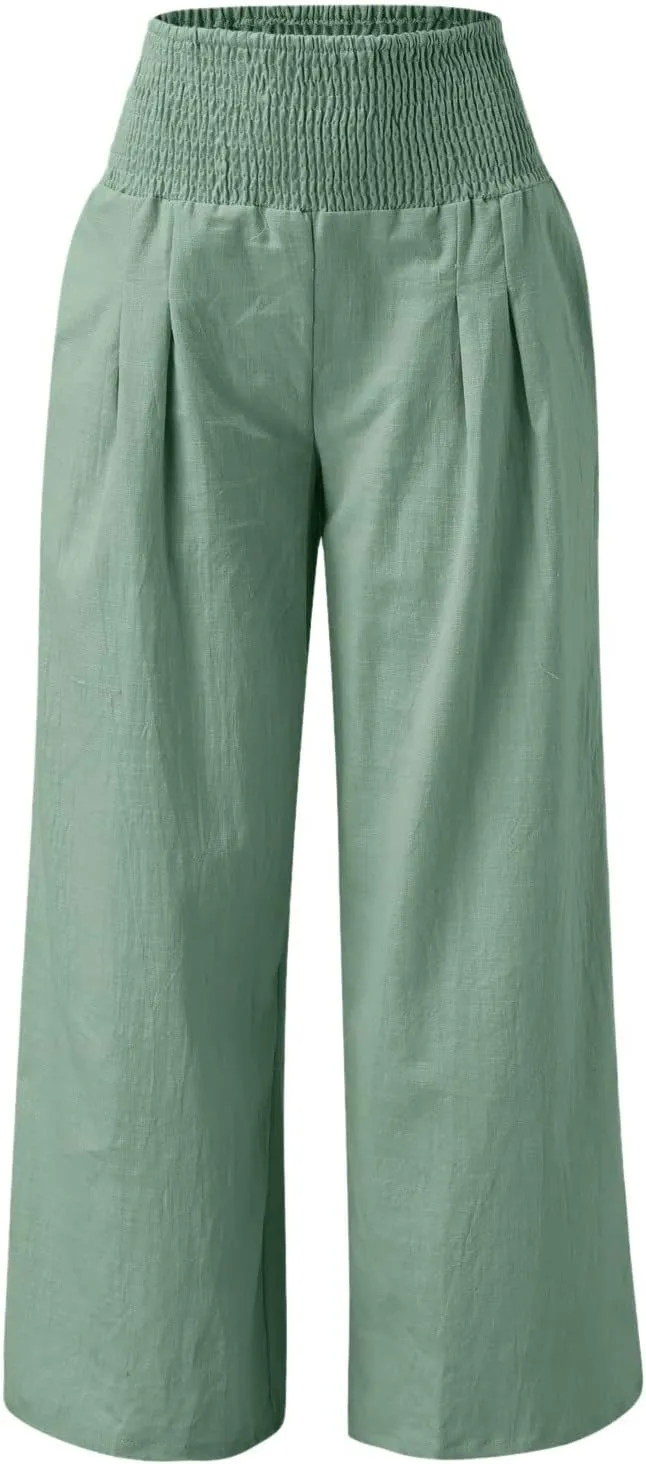 Women's Cotton Linen Wide Leg Pants High Waist Flowy Casual Trousers Palazzo Straight Comfy Pant for Vacation Summer