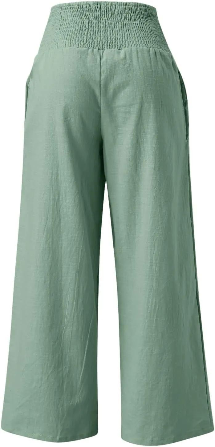 Women's Cotton Linen Wide Leg Pants High Waist Flowy Casual Trousers Palazzo Straight Comfy Pant for Vacation Summer