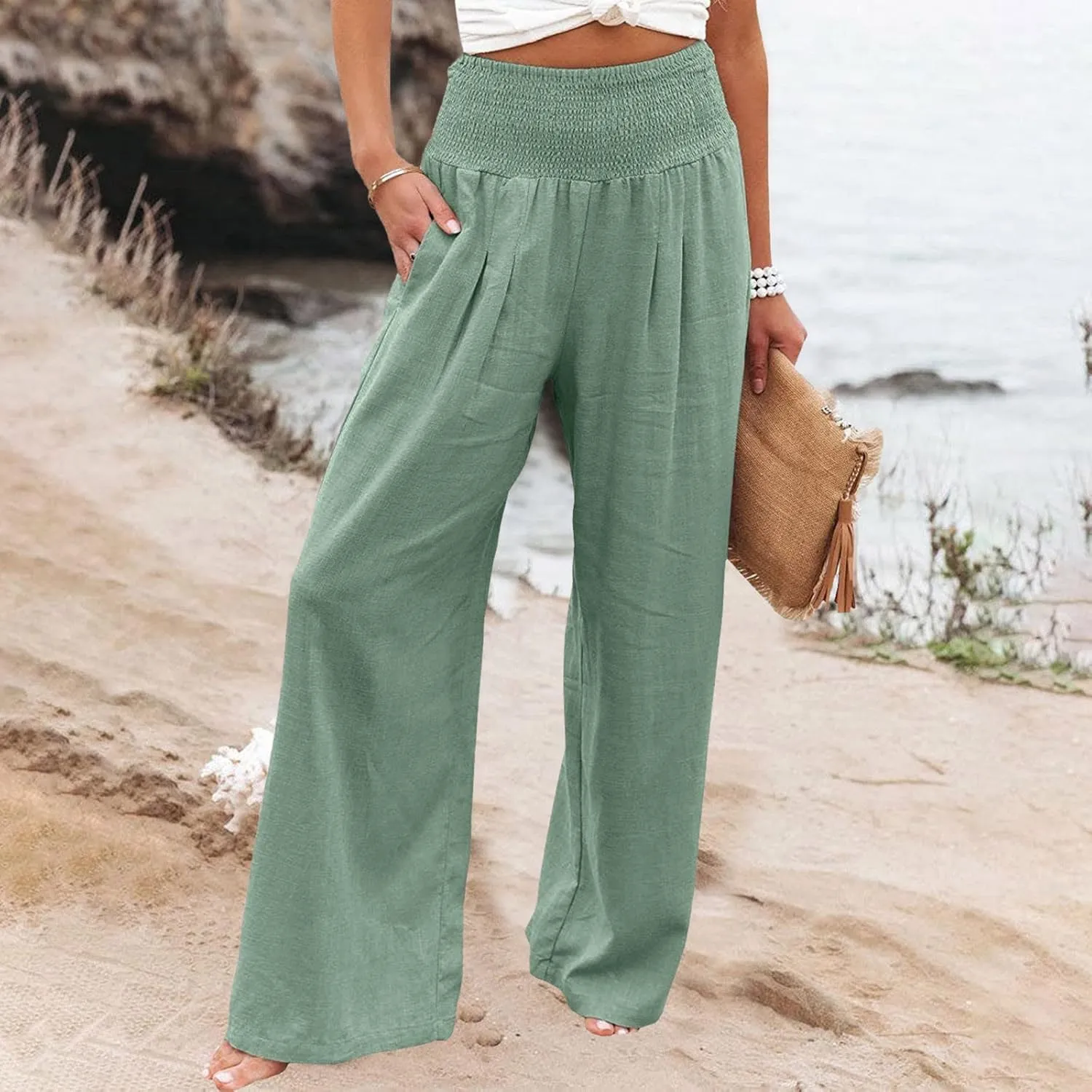 Women's Cotton Linen Wide Leg Pants High Waist Flowy Casual Trousers Palazzo Straight Comfy Pant for Vacation Summer