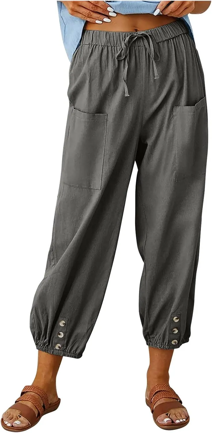 Women's Cotton Pants Trendy Drawstring Bottom Button Jogger Pant Summer Beach Gaucho Trousers Casual Comfy Outfits