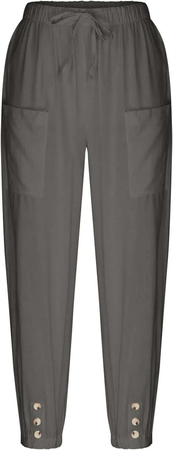 Women's Cotton Pants Trendy Drawstring Bottom Button Jogger Pant Summer Beach Gaucho Trousers Casual Comfy Outfits