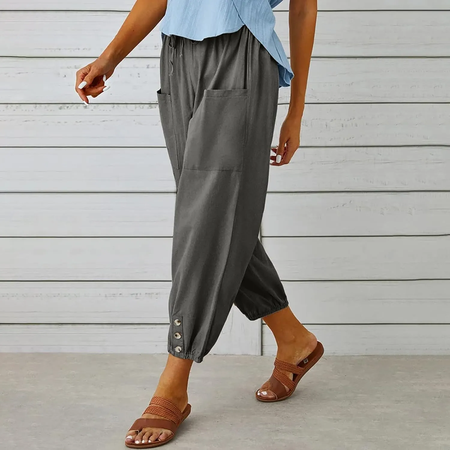 Women's Cotton Pants Trendy Drawstring Bottom Button Jogger Pant Summer Beach Gaucho Trousers Casual Comfy Outfits
