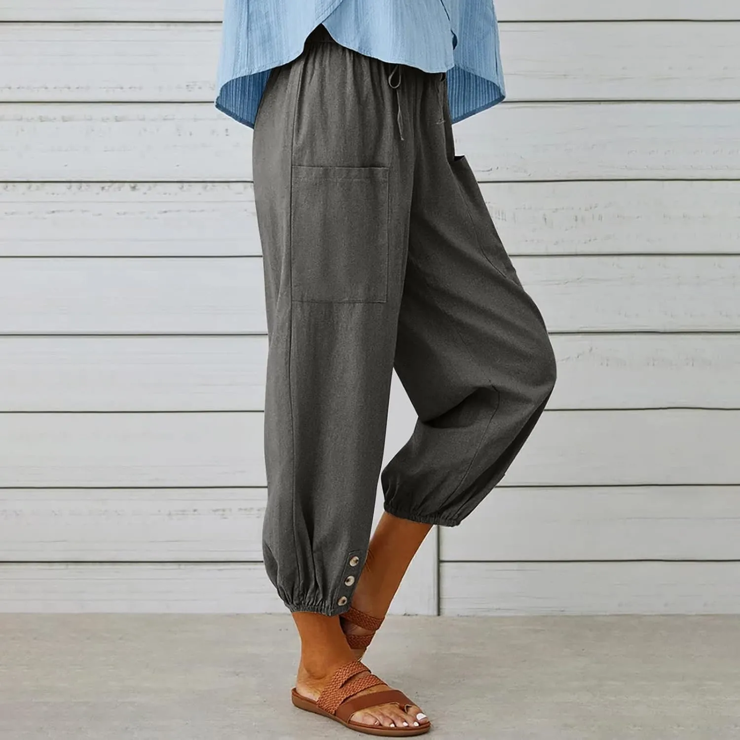 Women's Cotton Pants Trendy Drawstring Bottom Button Jogger Pant Summer Beach Gaucho Trousers Casual Comfy Outfits