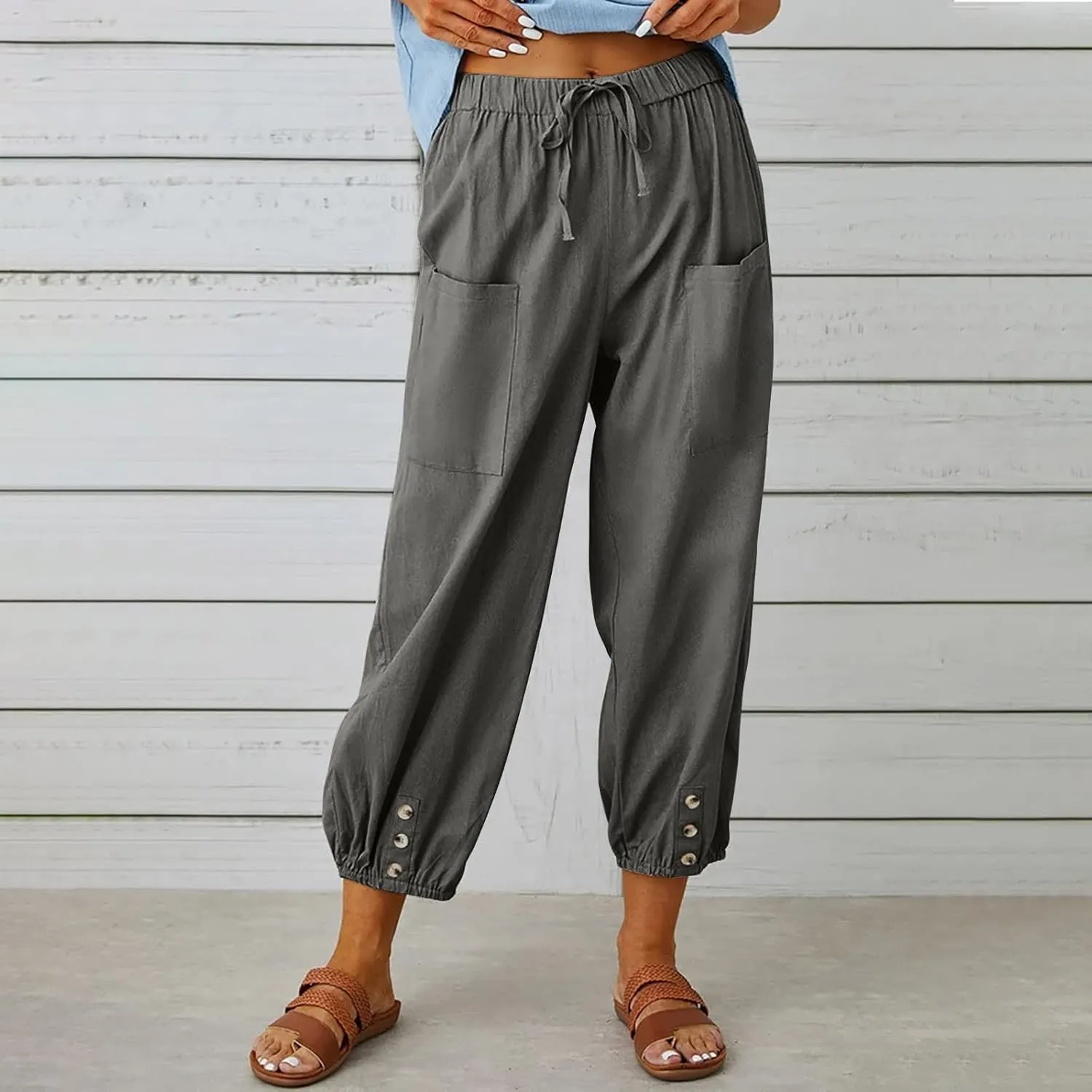 Women's Cotton Pants Trendy Drawstring Bottom Button Jogger Pant Summer Beach Gaucho Trousers Casual Comfy Outfits