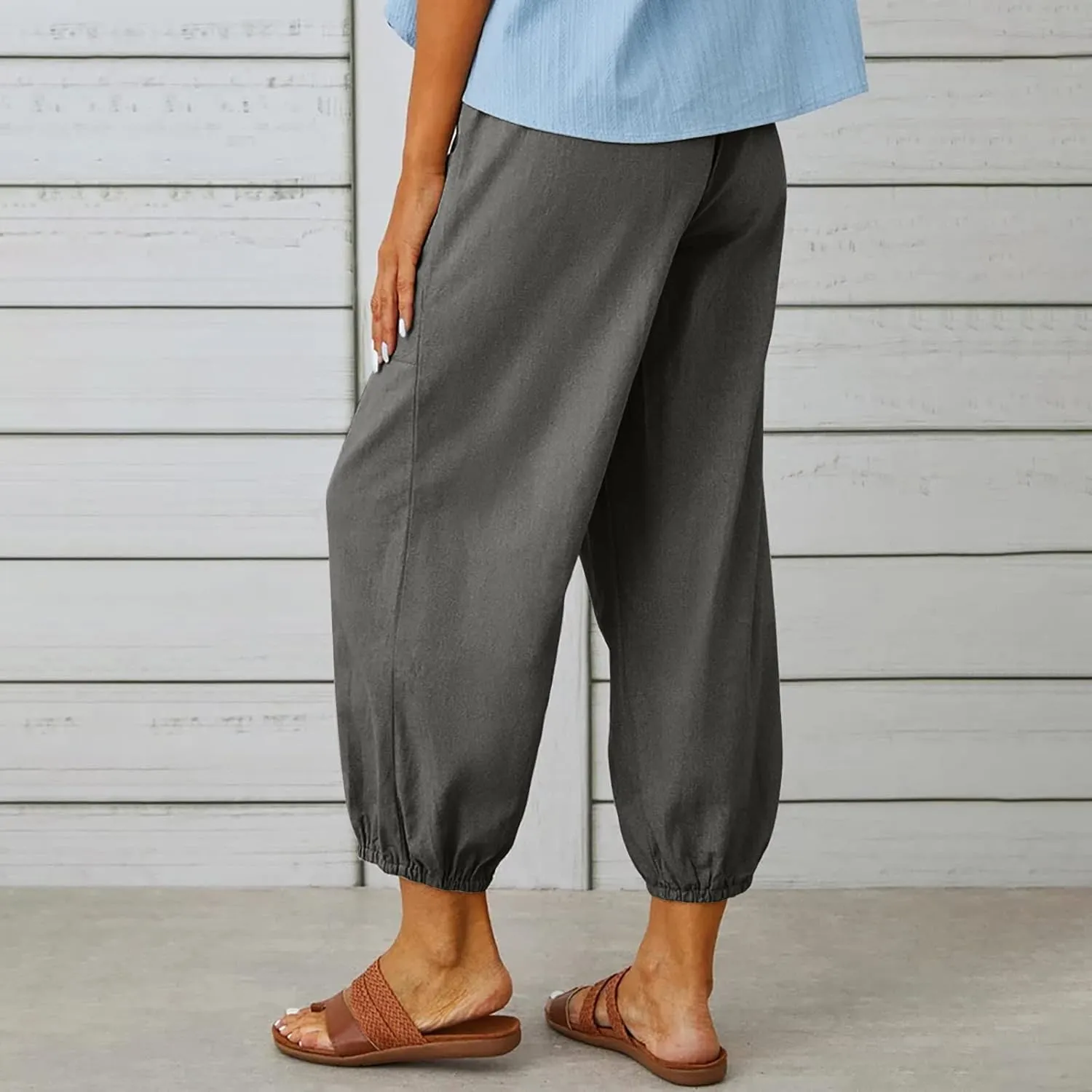 Women's Cotton Pants Trendy Drawstring Bottom Button Jogger Pant Summer Beach Gaucho Trousers Casual Comfy Outfits