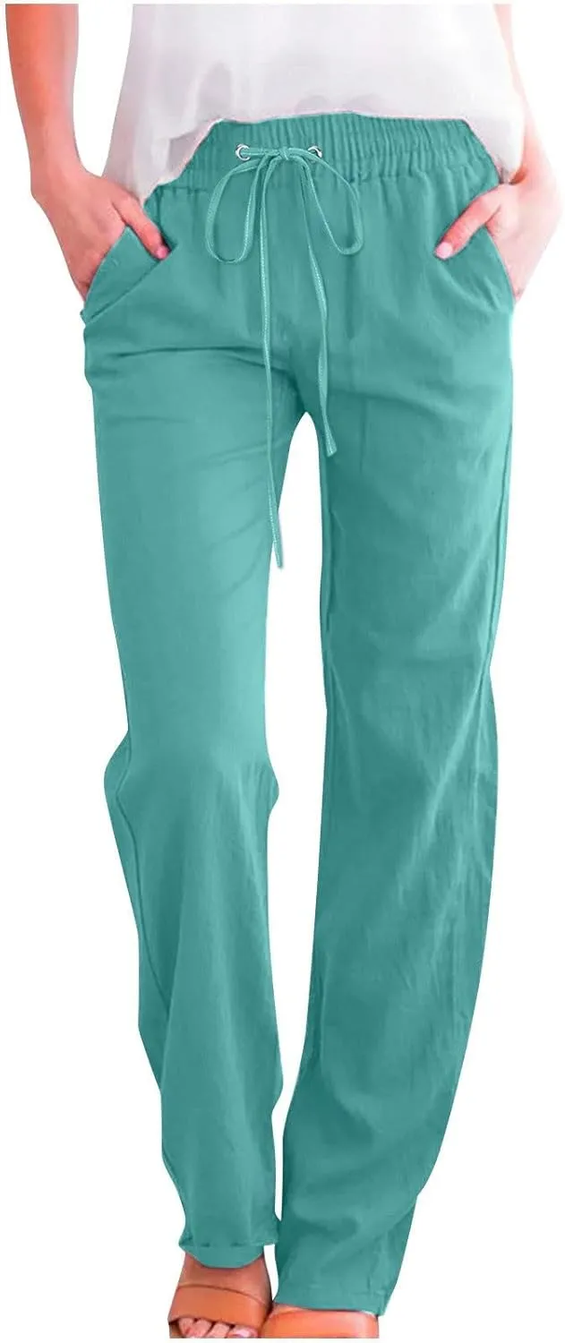 Womens Drawstring Cotton Linen Pants Solid Slim Fit Tapered Trousers Summer Beach Vacation Slacks 2025 Solid Outfits