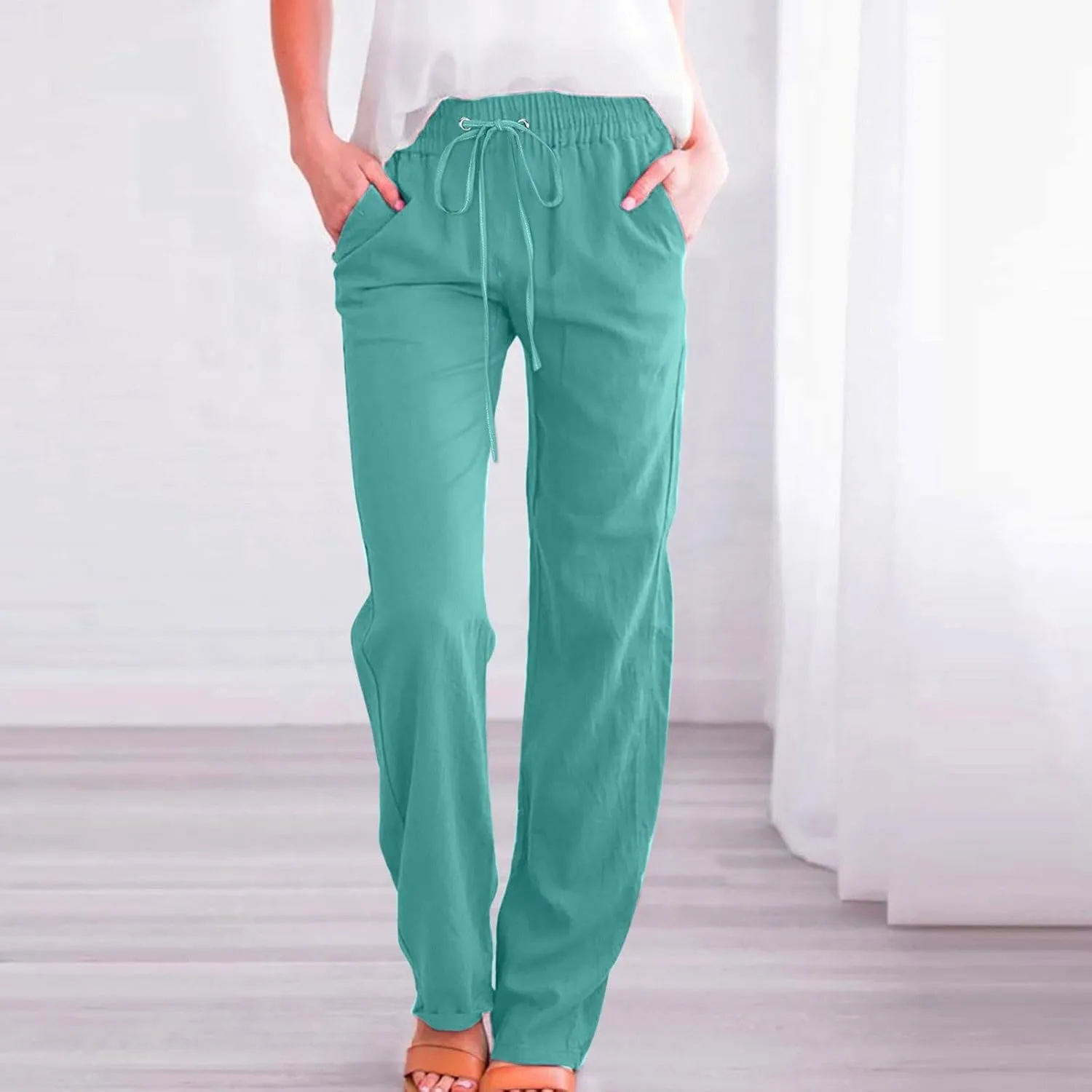 Womens Drawstring Cotton Linen Pants Solid Slim Fit Tapered Trousers Summer Beach Vacation Slacks 2025 Solid Outfits