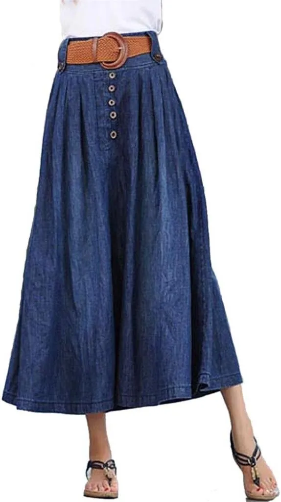 Women's Elastic Waist Pleated Flared Denim Long Skirt