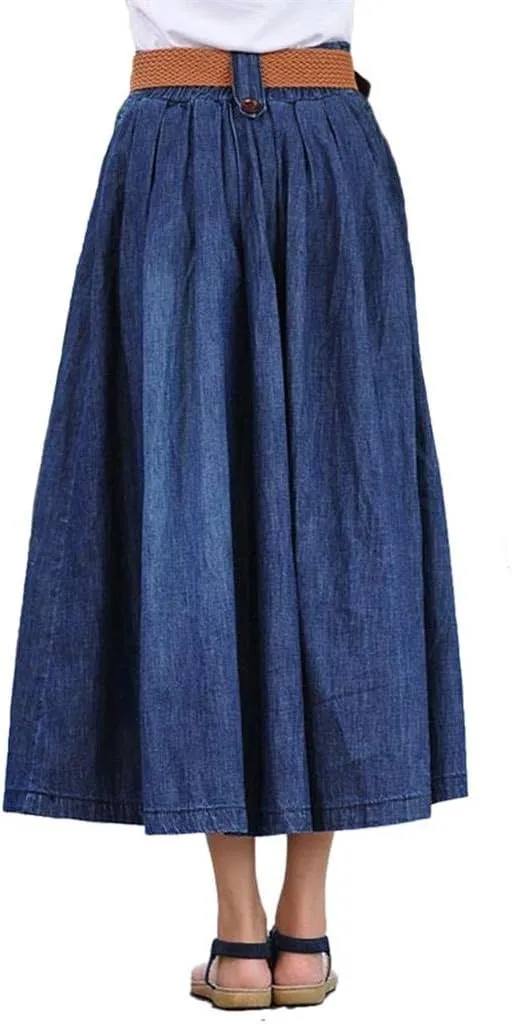 Women's Elastic Waist Pleated Flared Denim Long Skirt