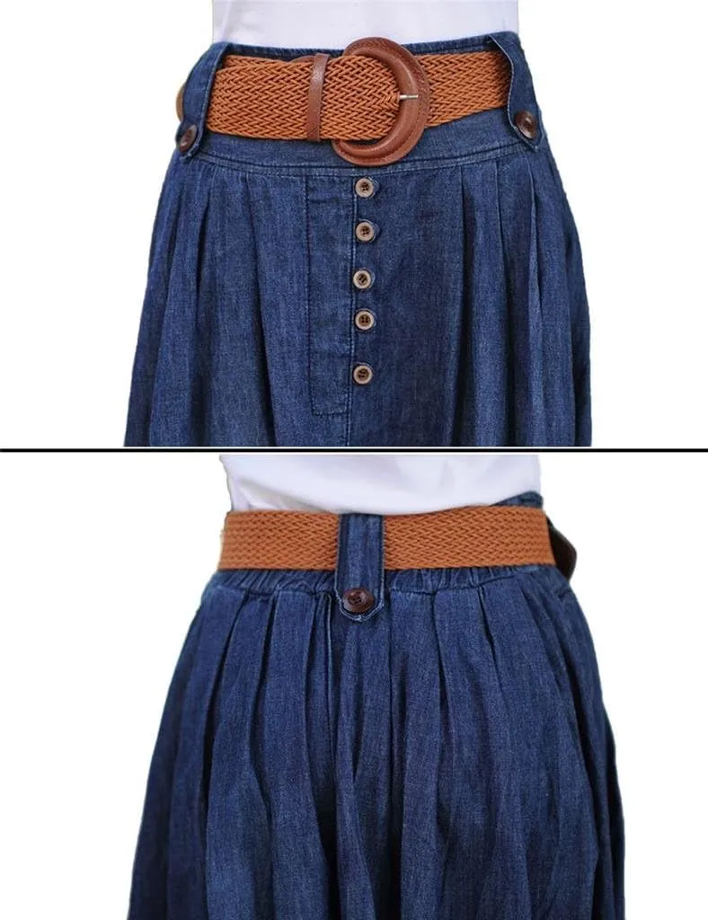 Women's Elastic Waist Pleated Flared Denim Long Skirt