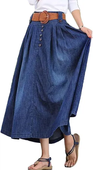 Women's Elastic Waist Pleated Flared Denim Long Skirt