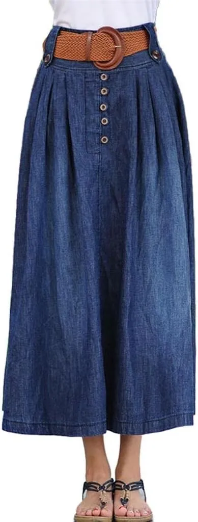 Women's Elastic Waist Pleated Flared Denim Long Skirt