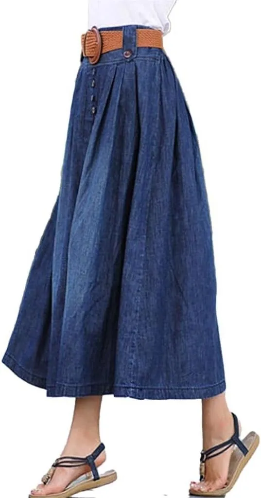 Women's Elastic Waist Pleated Flared Denim Long Skirt