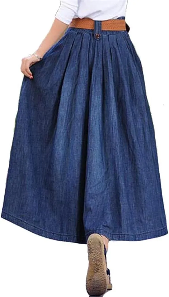 Women's Elastic Waist Pleated Flared Denim Long Skirt