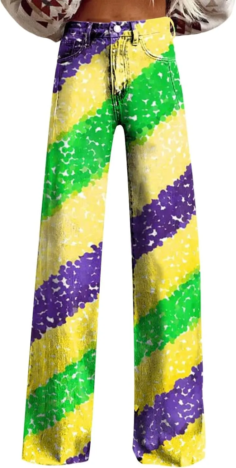 Women's Flare Jeans Wide Leg Baggy Pant Vintage Floral Printed High Waisted Straight Stretch Pants with Pockets
