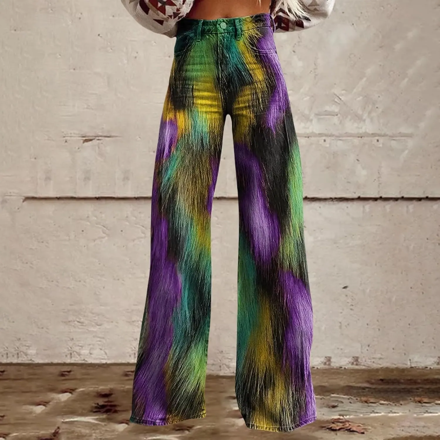 Women's Flare Jeans Wide Leg Baggy Pant Vintage Floral Printed High Waisted Straight Stretch Pants with Pockets