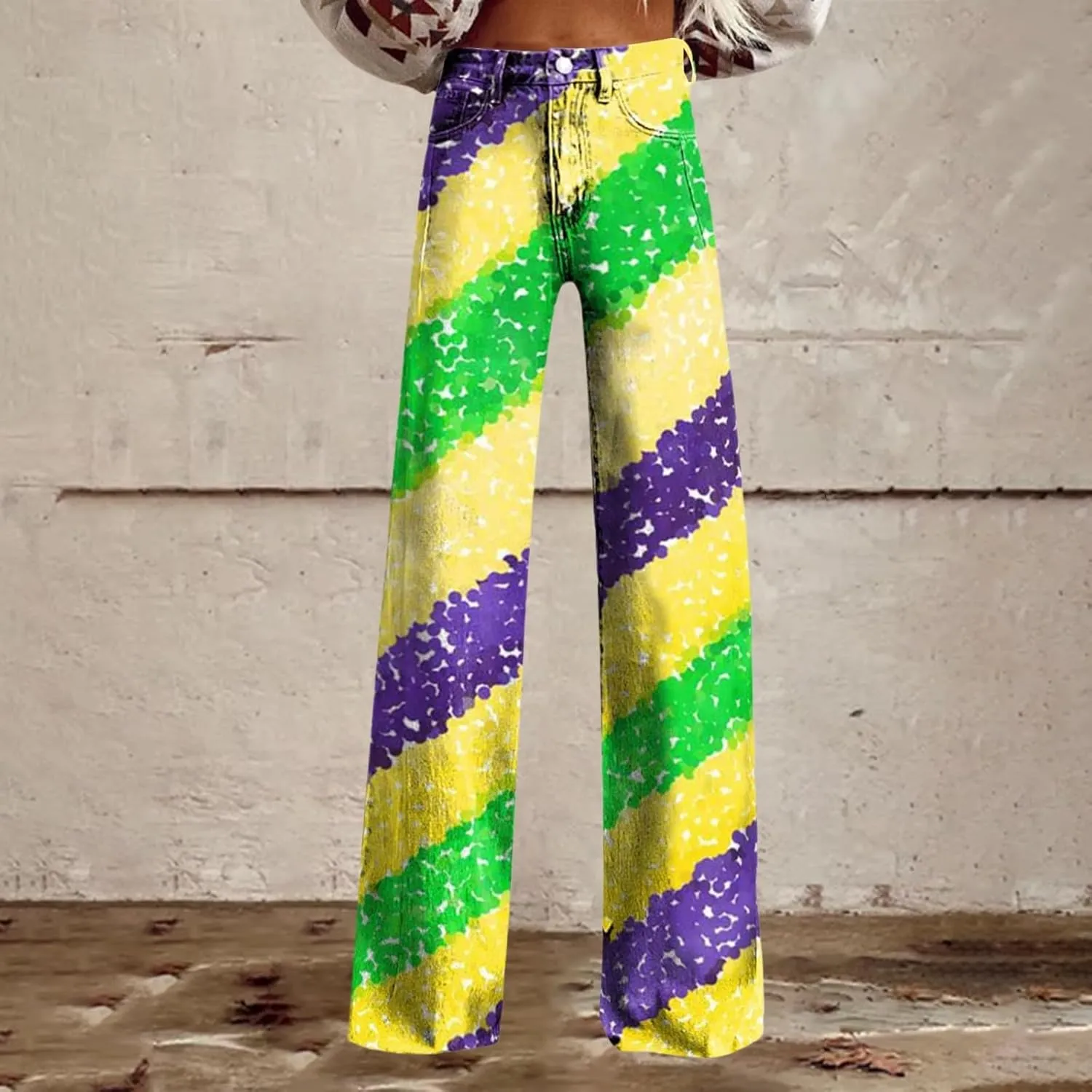 Women's Flare Jeans Wide Leg Baggy Pant Vintage Floral Printed High Waisted Straight Stretch Pants with Pockets