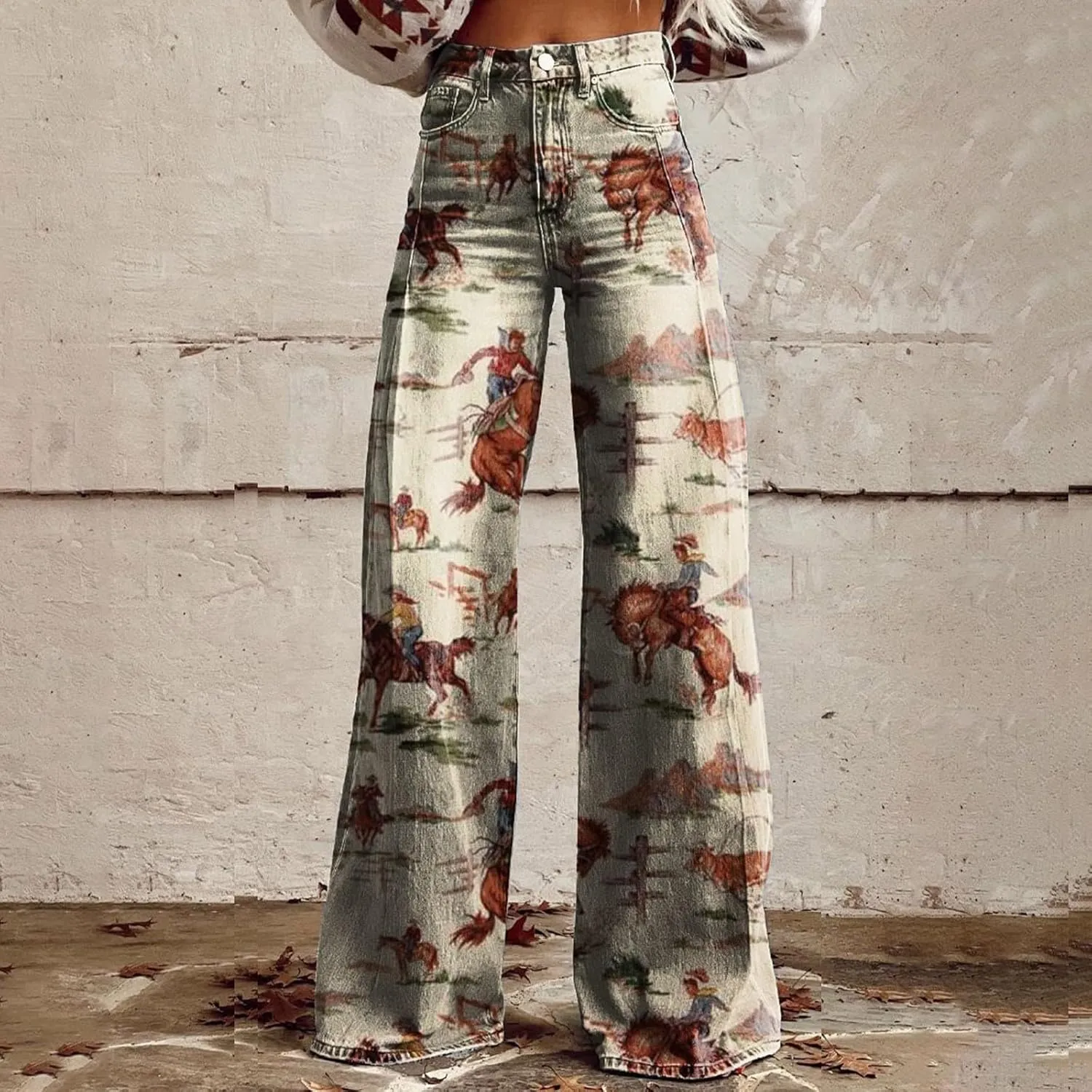 Women's Flare Jeans Wide Leg Baggy Pant Vintage Floral Printed High Waisted Straight Stretch Pants with Pockets