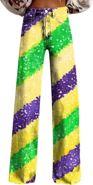 Women's Flare Jeans Wide Leg Baggy Pant Vintage Floral Printed High Waisted Straight Stretch Pants with Pockets