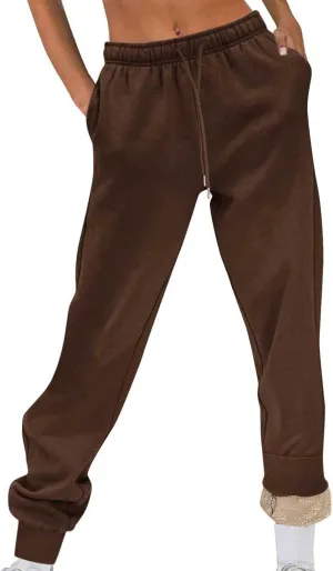 Womens Fleece Sweatpants Elastic High Waist Joggers Pants Active Running Pants Drawstring Baggy Lounge Trousers