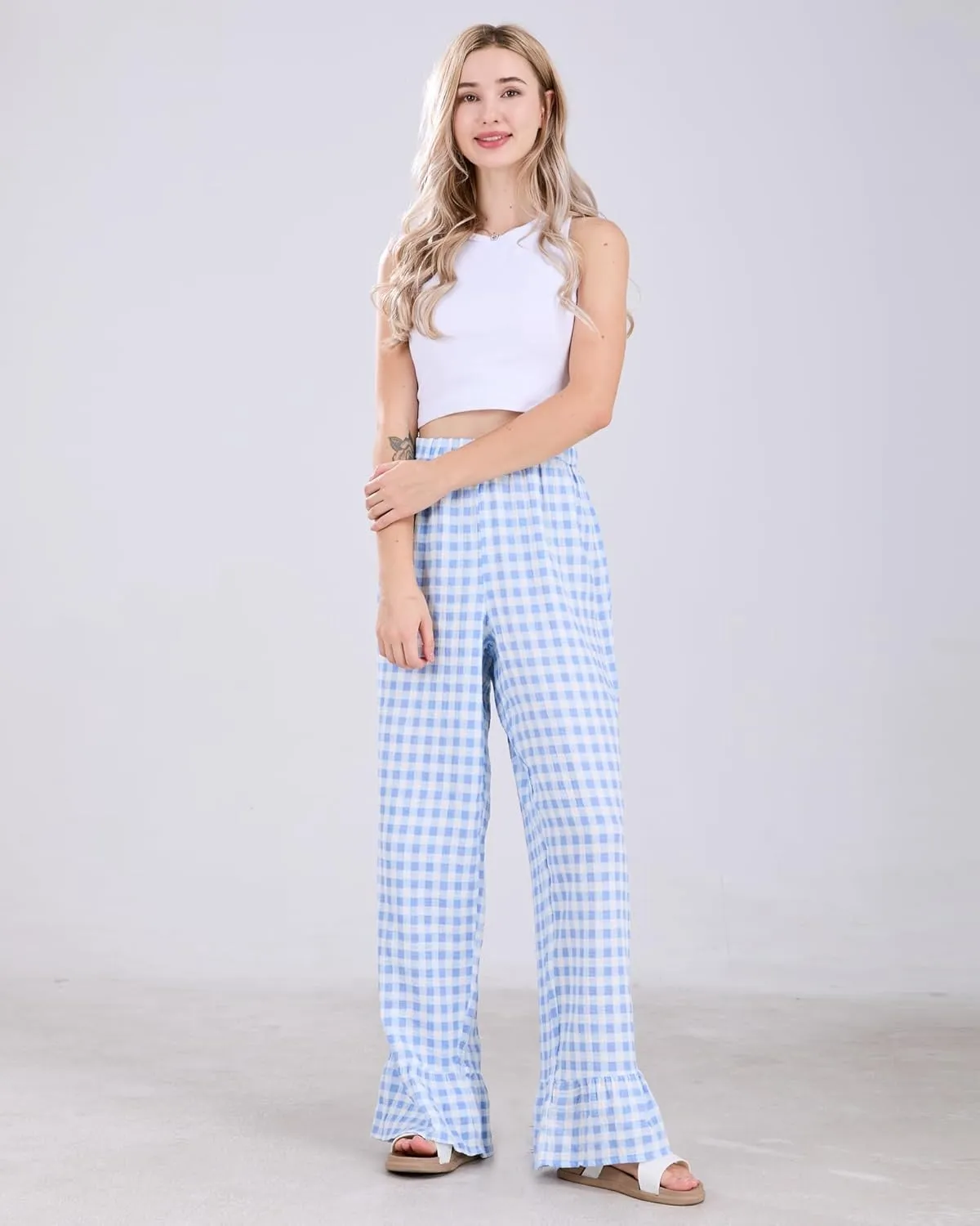 Womens Gingham Pants Wide Leg Lounge Pants Y2k Plaid Print Ruffle Hem Loose Trouser