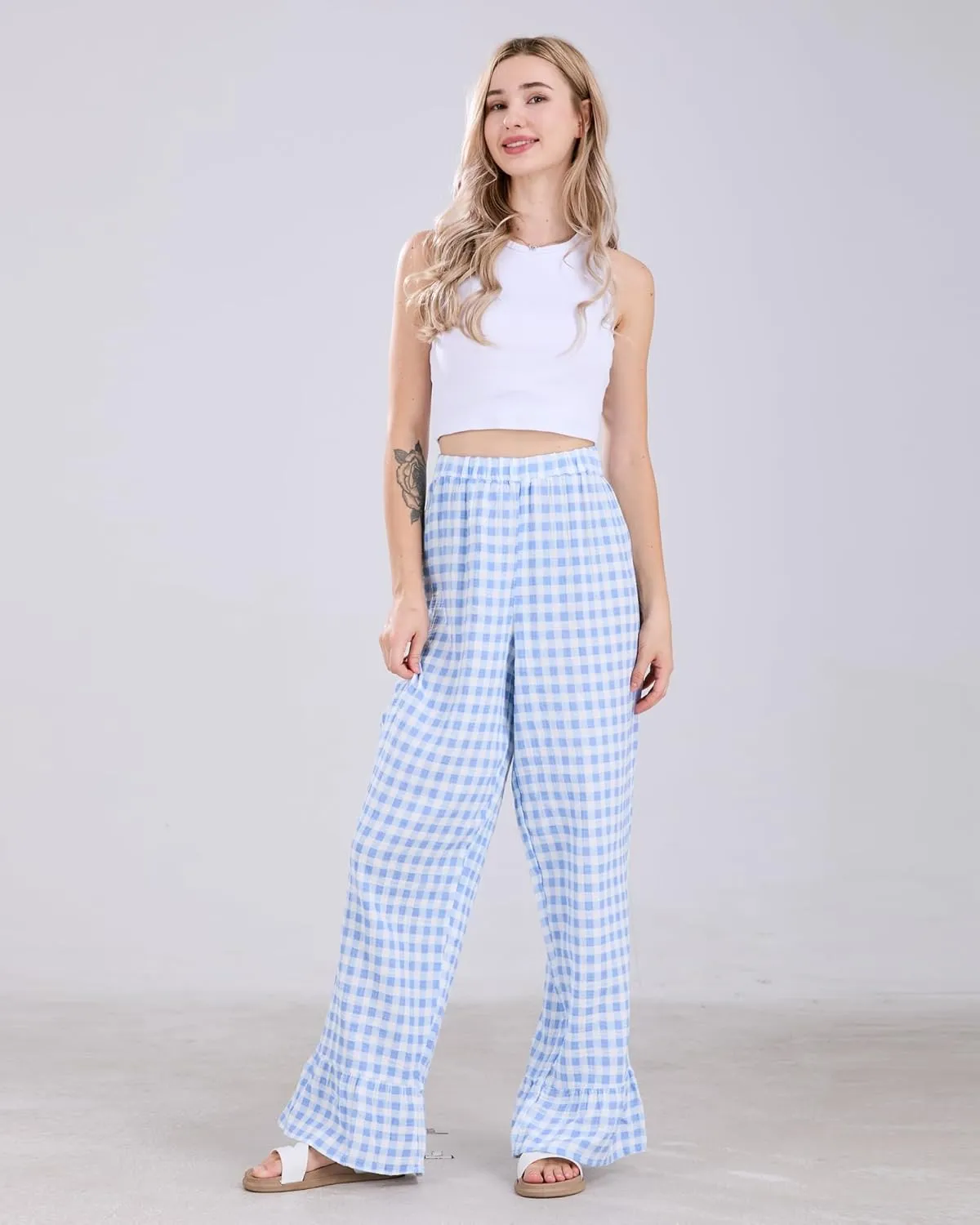 Womens Gingham Pants Wide Leg Lounge Pants Y2k Plaid Print Ruffle Hem Loose Trouser