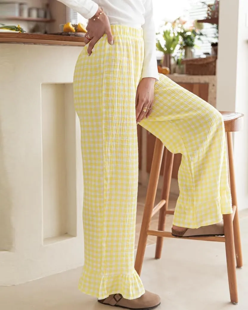 Womens Gingham Pants Wide Leg Lounge Pants Y2k Plaid Print Ruffle Hem Loose Trouser