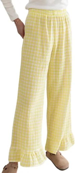 Womens Gingham Pants Wide Leg Lounge Pants Y2k Plaid Print Ruffle Hem Loose Trouser