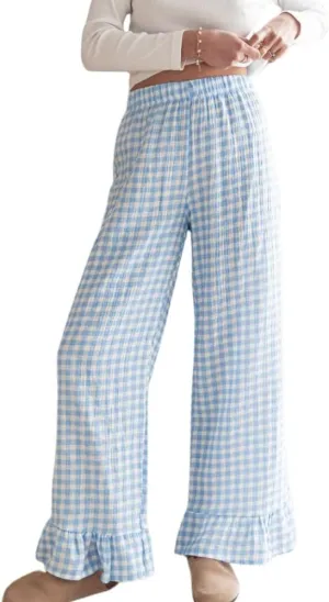 Womens Gingham Pants Wide Leg Lounge Pants Y2k Plaid Print Ruffle Hem Loose Trouser