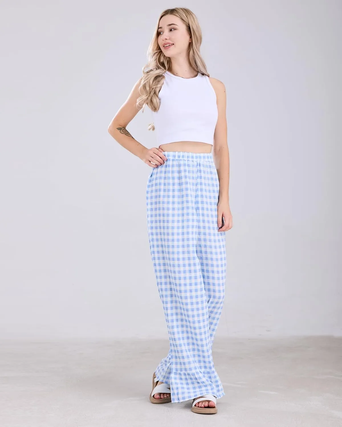 Womens Gingham Pants Wide Leg Lounge Pants Y2k Plaid Print Ruffle Hem Loose Trouser
